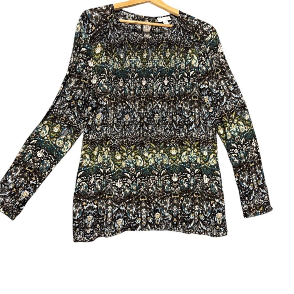 J Jill Casual Lightweight Long Sleeve Top Flattering Print Smock Pintuck
